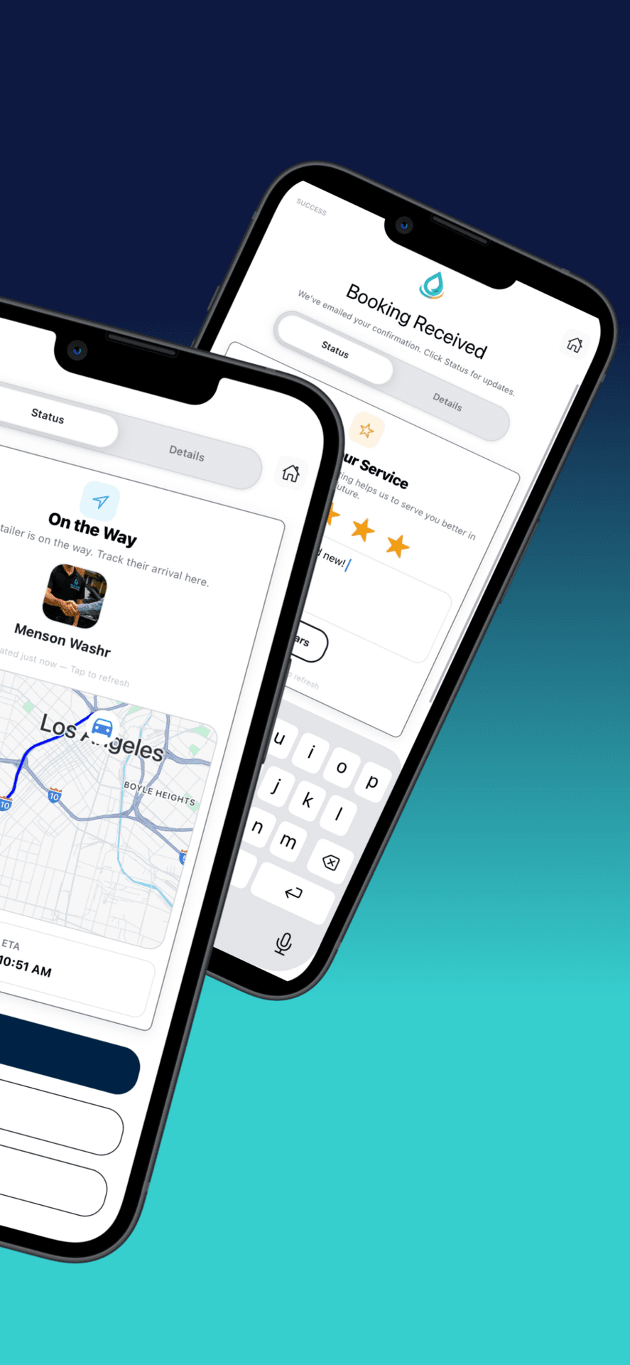 Washr Mobile app showing a detailer arrival map and service rating screen