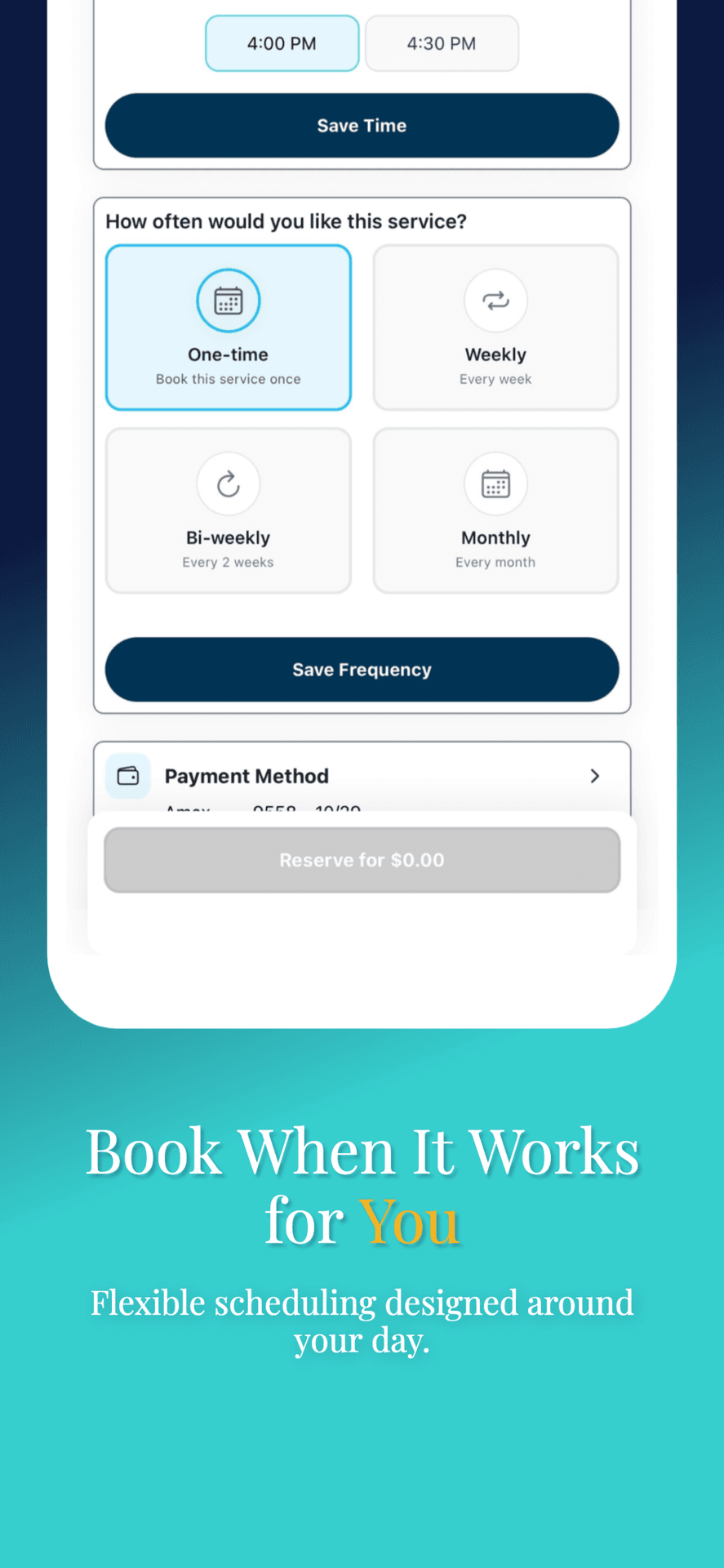 Scheduling choices in the Washr Mobile app