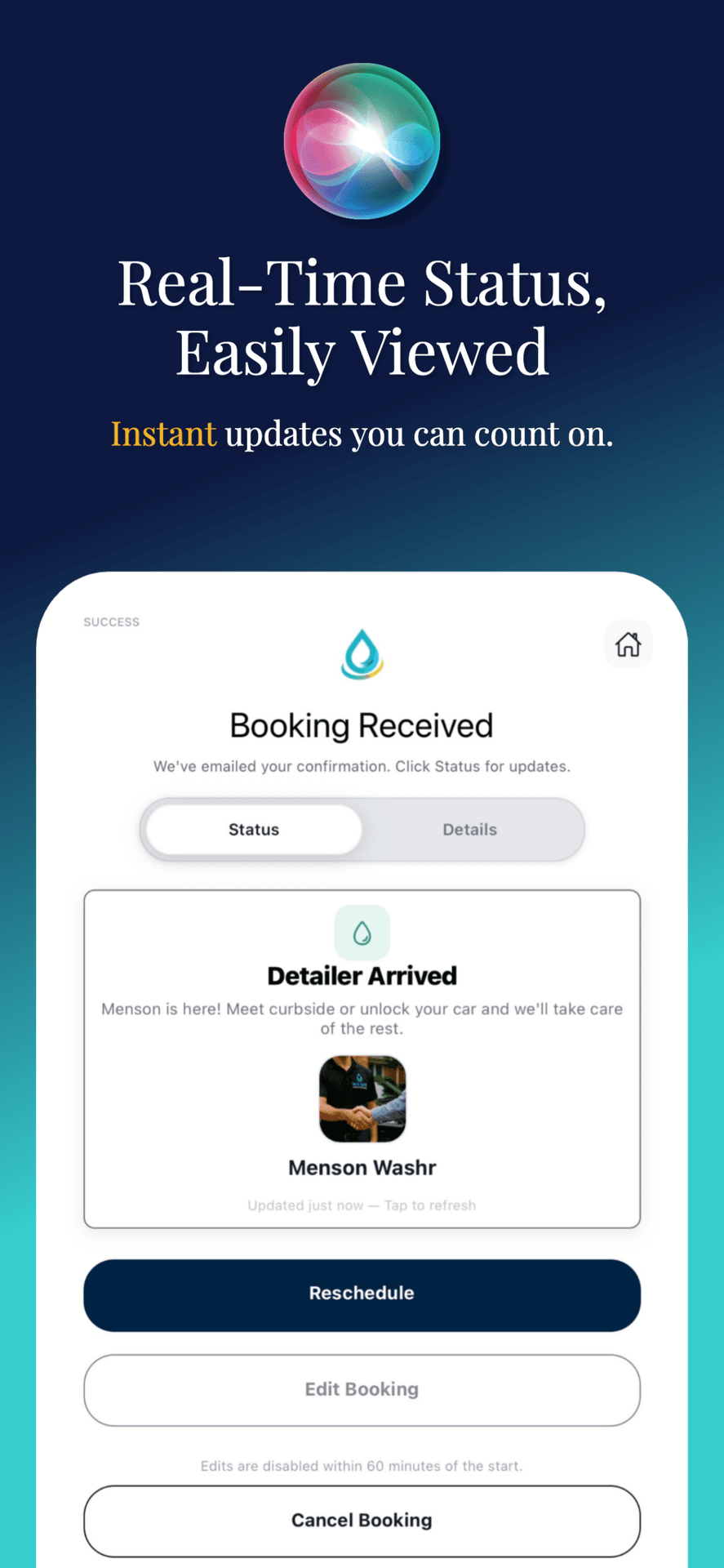 Washr Mobile booking status showing that the detailer has arrived